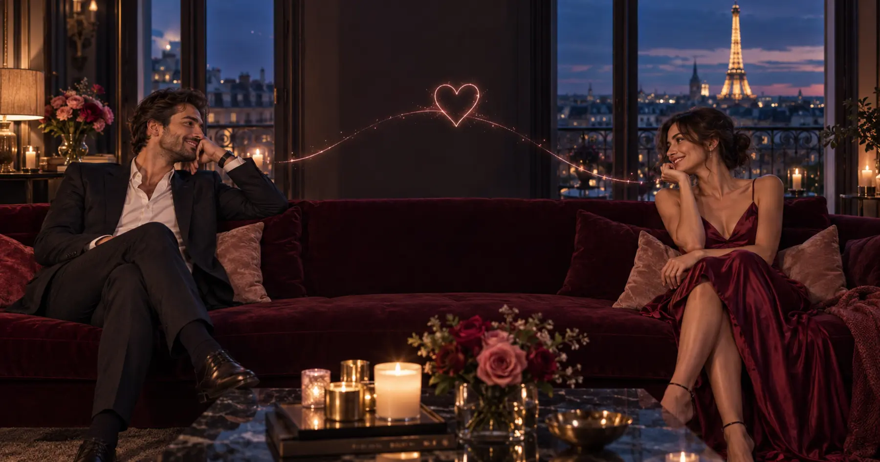 Un couple se regarde avec tendresse dans un appartement parisien