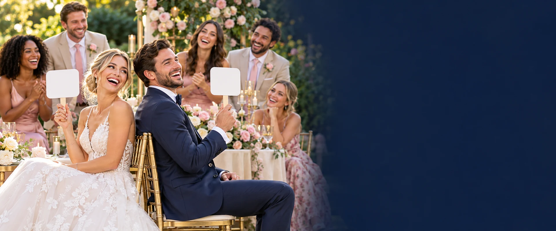 Un couple et ses invités rient ensemble pendant un jeu de mariage
