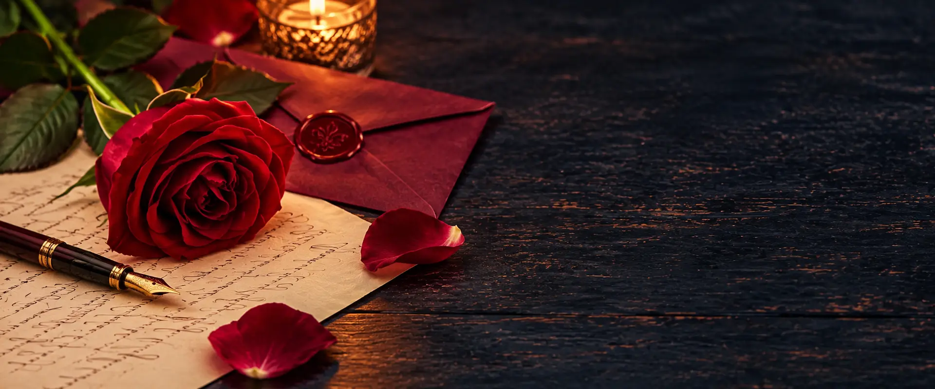 Rose rouge, enveloppe et stylo-plume posés sur une lettre d’amour