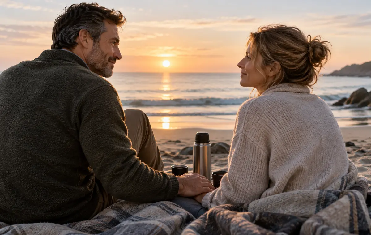 Un couple partage un lever de soleil au bord de la mer
