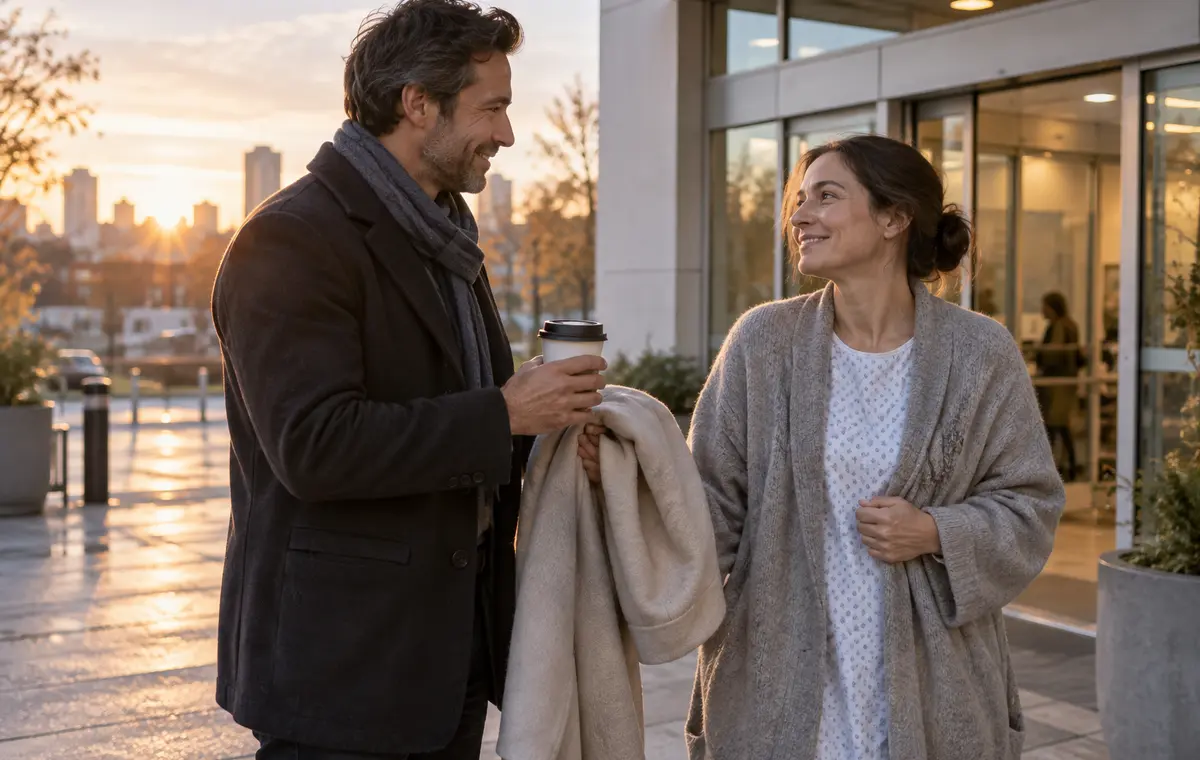 Un homme attend une femme avec un manteau et un café