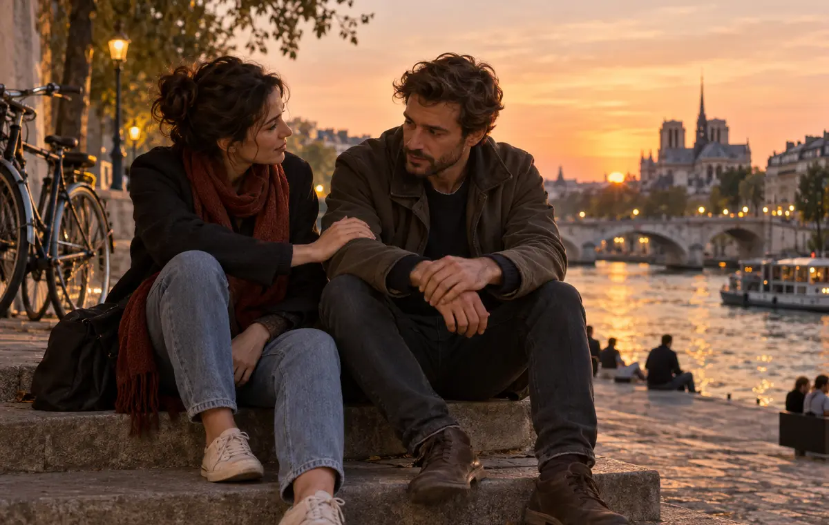 Deux amis partagent une conversation attentive au bord de la Seine