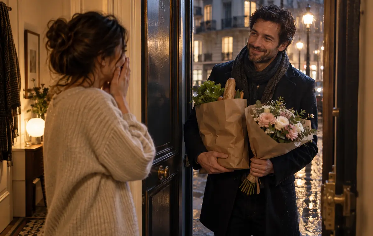 Un homme apporte des courses et des fleurs un soir de pluie