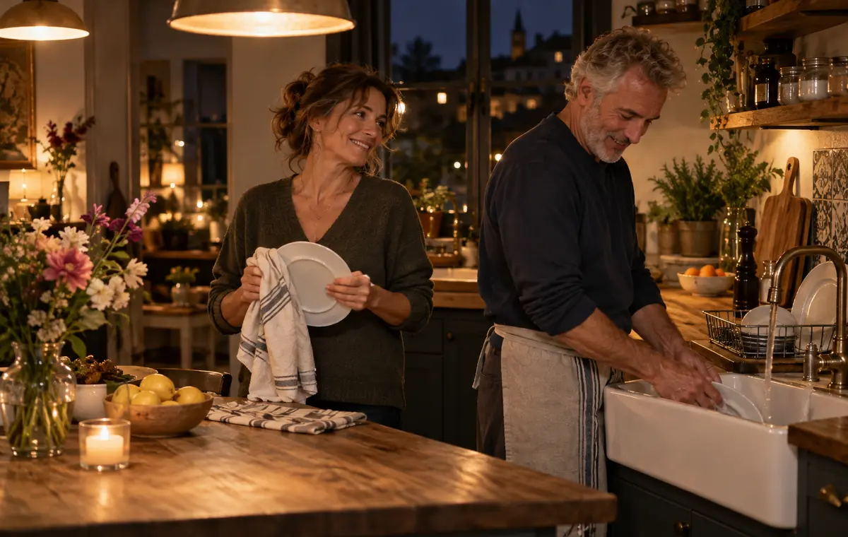 Un couple mûr partage la vaisselle après le dîner