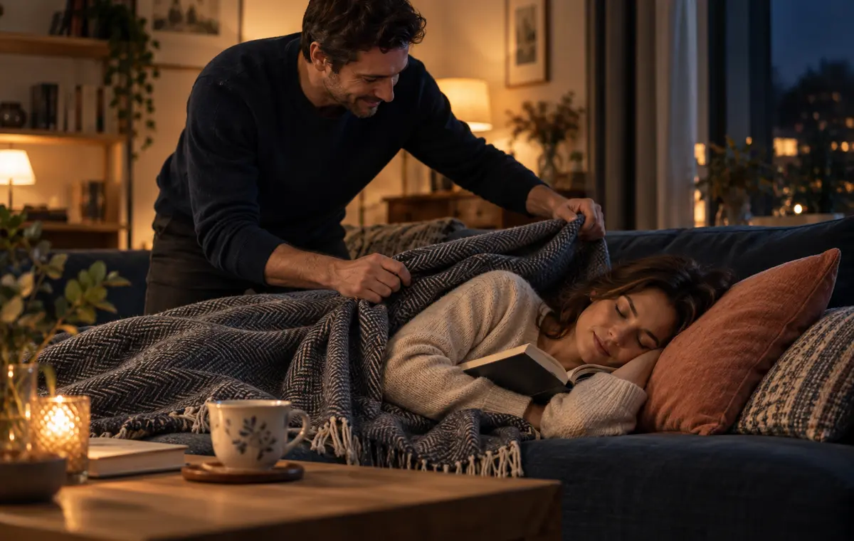 Un homme couvre avec soin une femme endormie