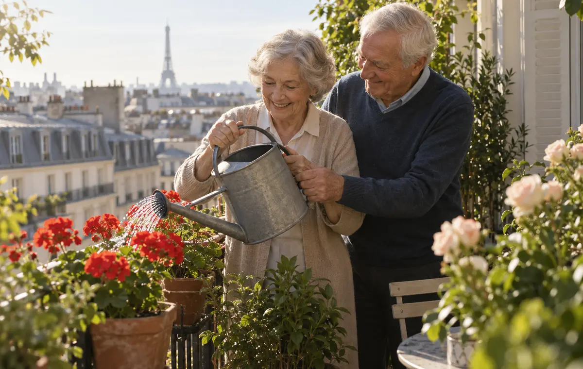 Un couple âgé prend soin des fleurs de son balcon