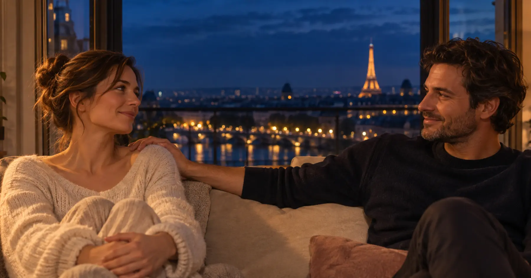 Deux personnes se regardent avec gratitude dans un salon face à Paris