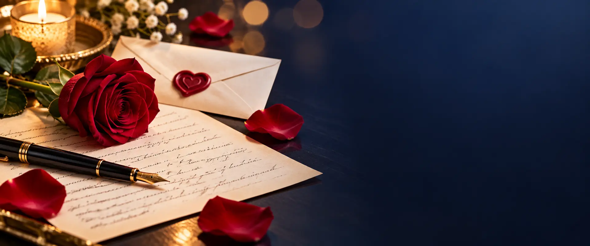 Lettres manuscrites, rose rouge et plume pour accompagner des messages d’amour