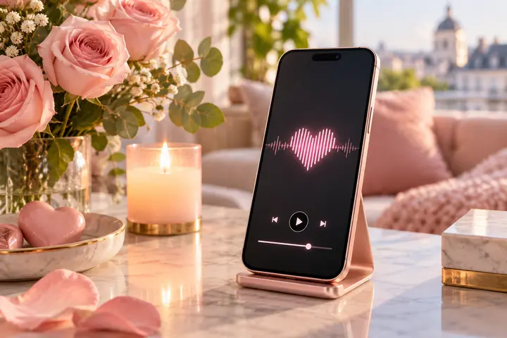 Smartphone rose doré, roses et bougie dans une lumière chaleureuse