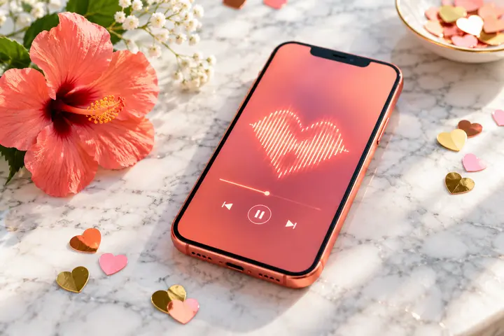 Smartphone corail affichant une onde en forme de cœur dans une ambiance joyeuse