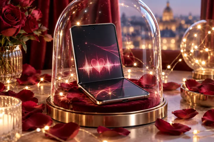 Smartphone pliable sous une cloche lumineuse dans un décor créatif