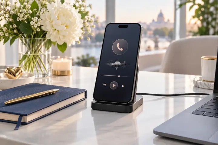 Smartphone professionnel, carnet bleu nuit et ordinateur sur un bureau lumineux