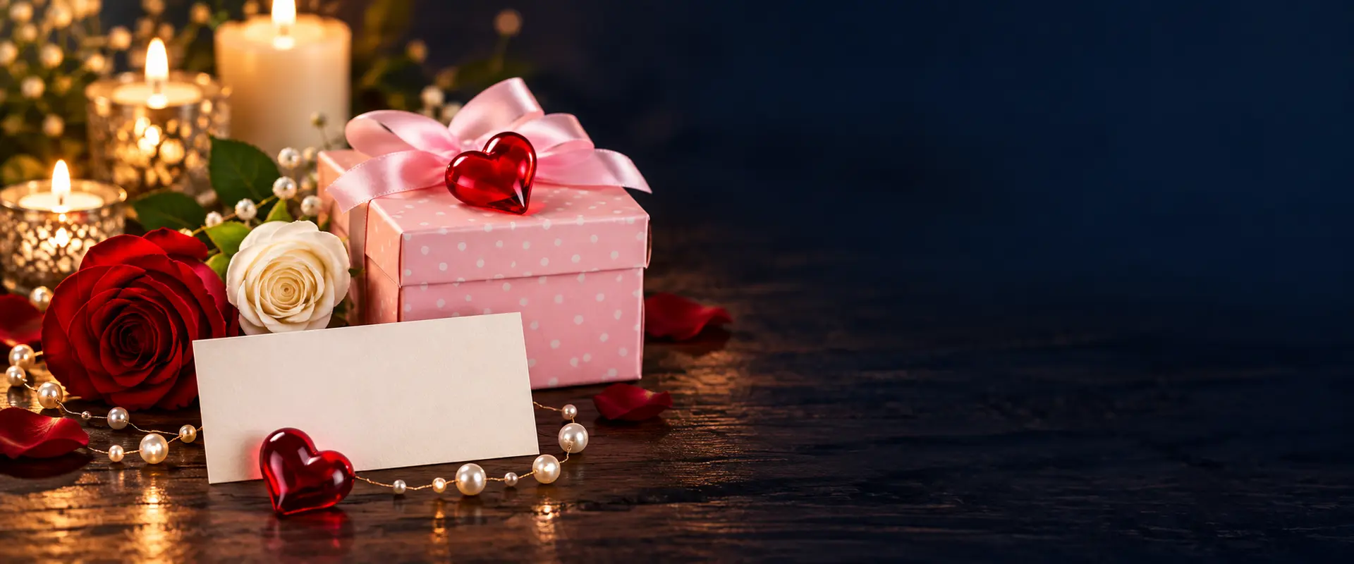 Cadeau rose, roses et carte blanche dans une ambiance romantique