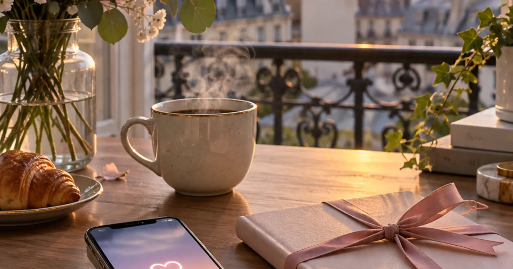 Un carnet, un café et un téléphone portant un cœur dans la lumière du matin