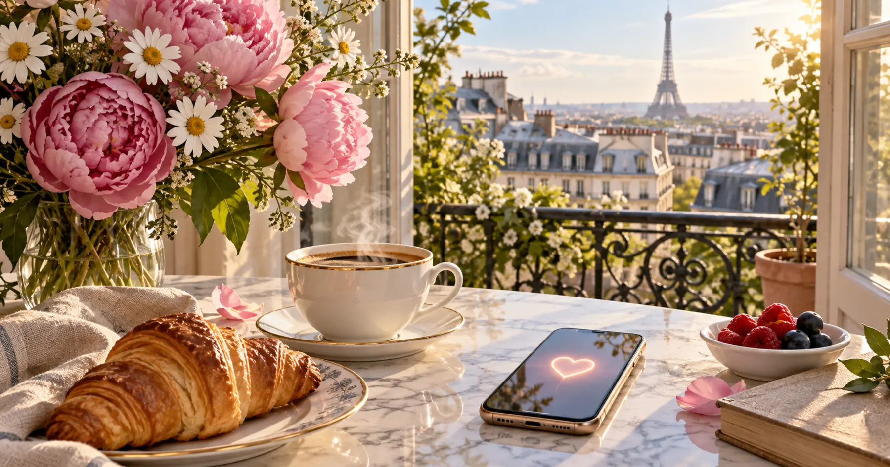 Un petit-déjeuner fleuri devant Paris dans la lumière du matin