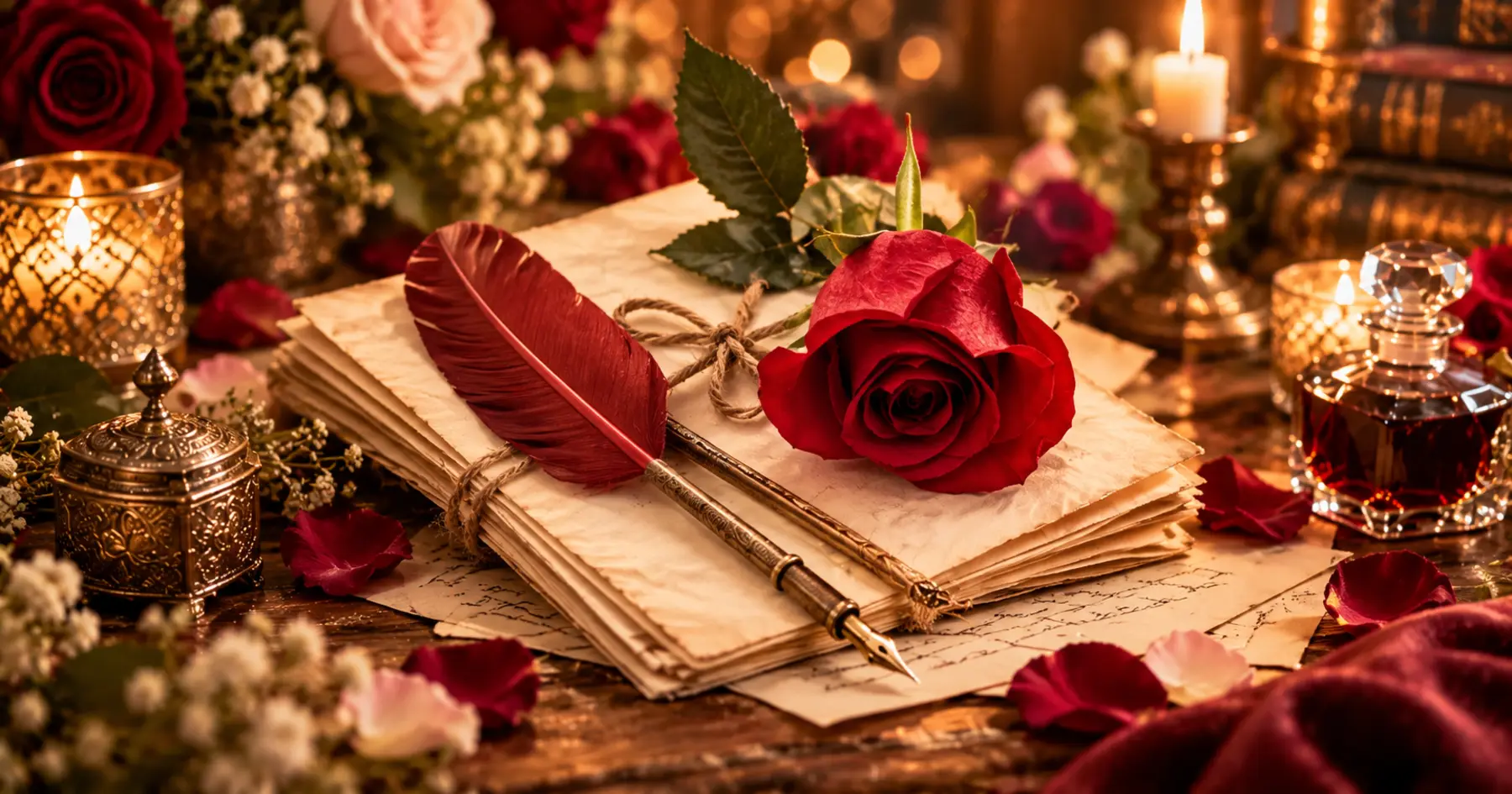 Album romantique composé de citations d’amour illustrées, d’une rose et d’une enveloppe cachetée