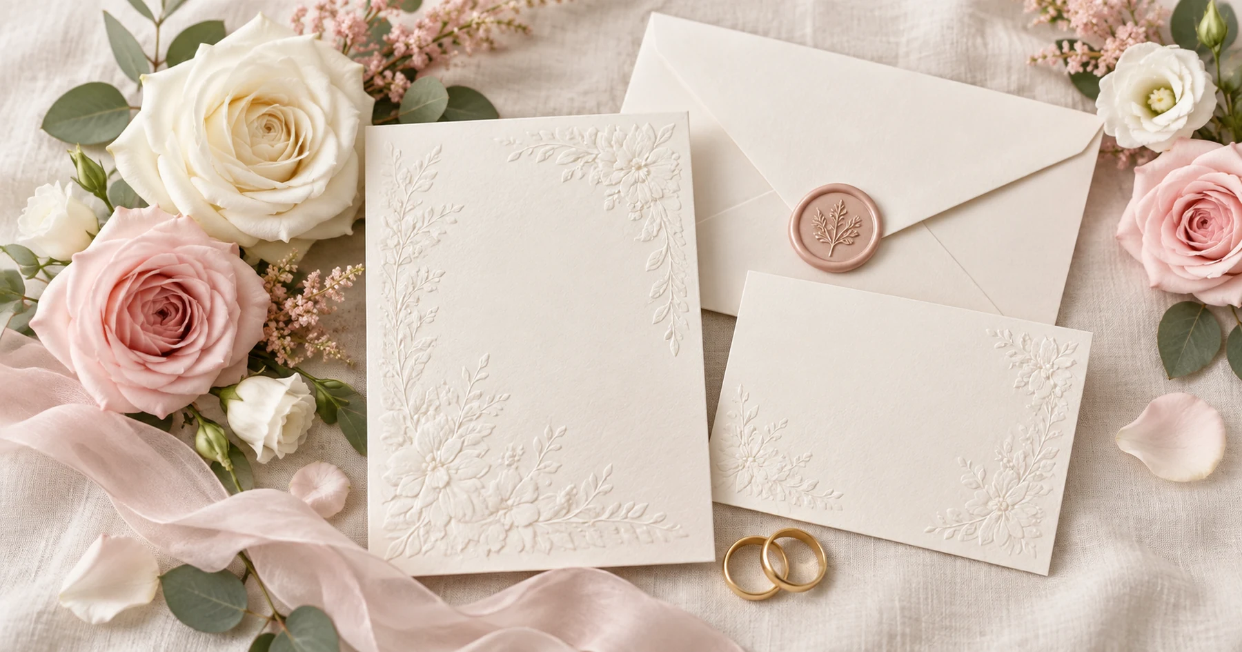 Faire-part ivoire, carton de réception, fleurs et alliances pour annoncer un mariage