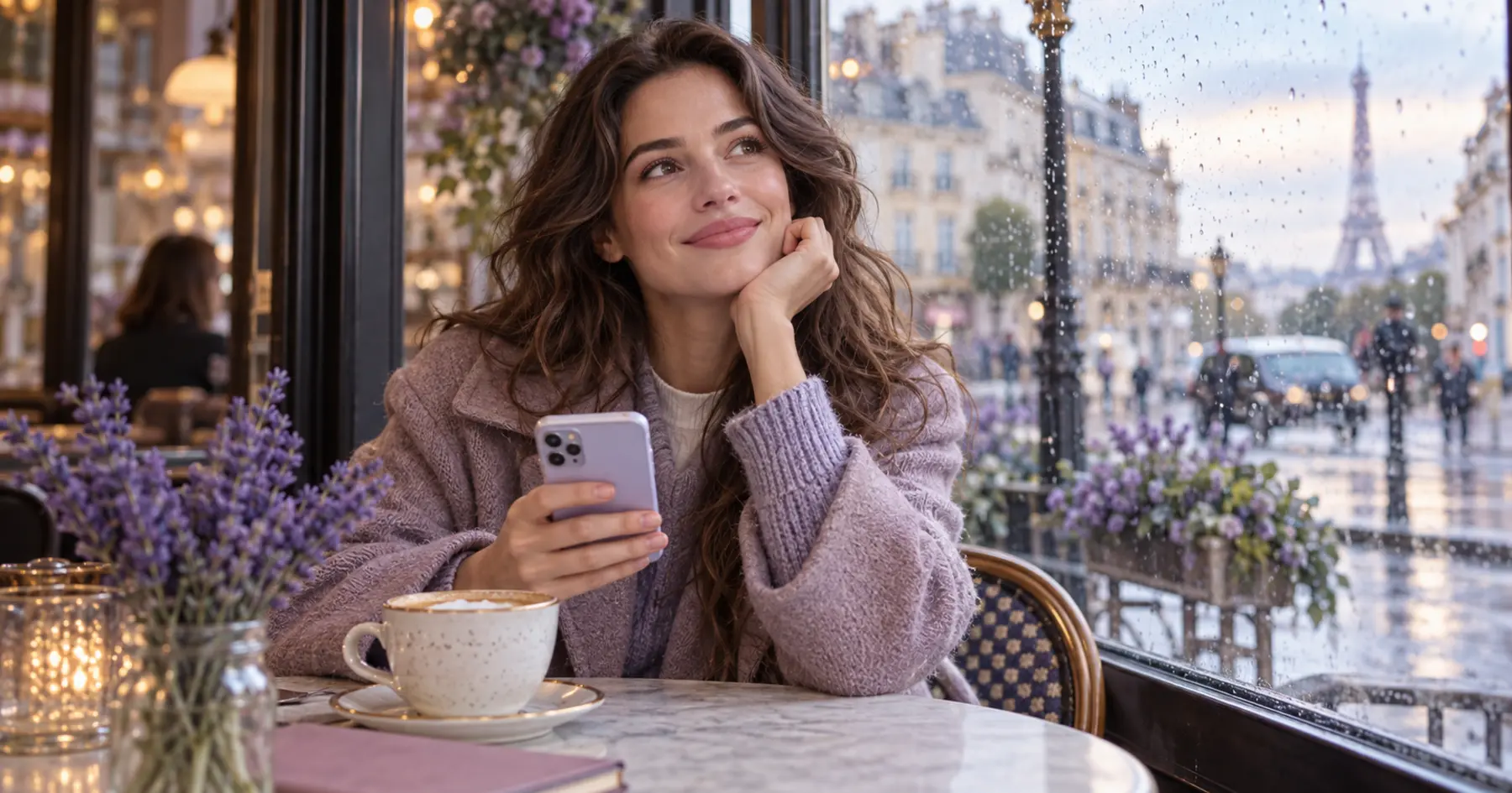 Une femme songe à la personne aimée dans un café parisien un jour de pluie