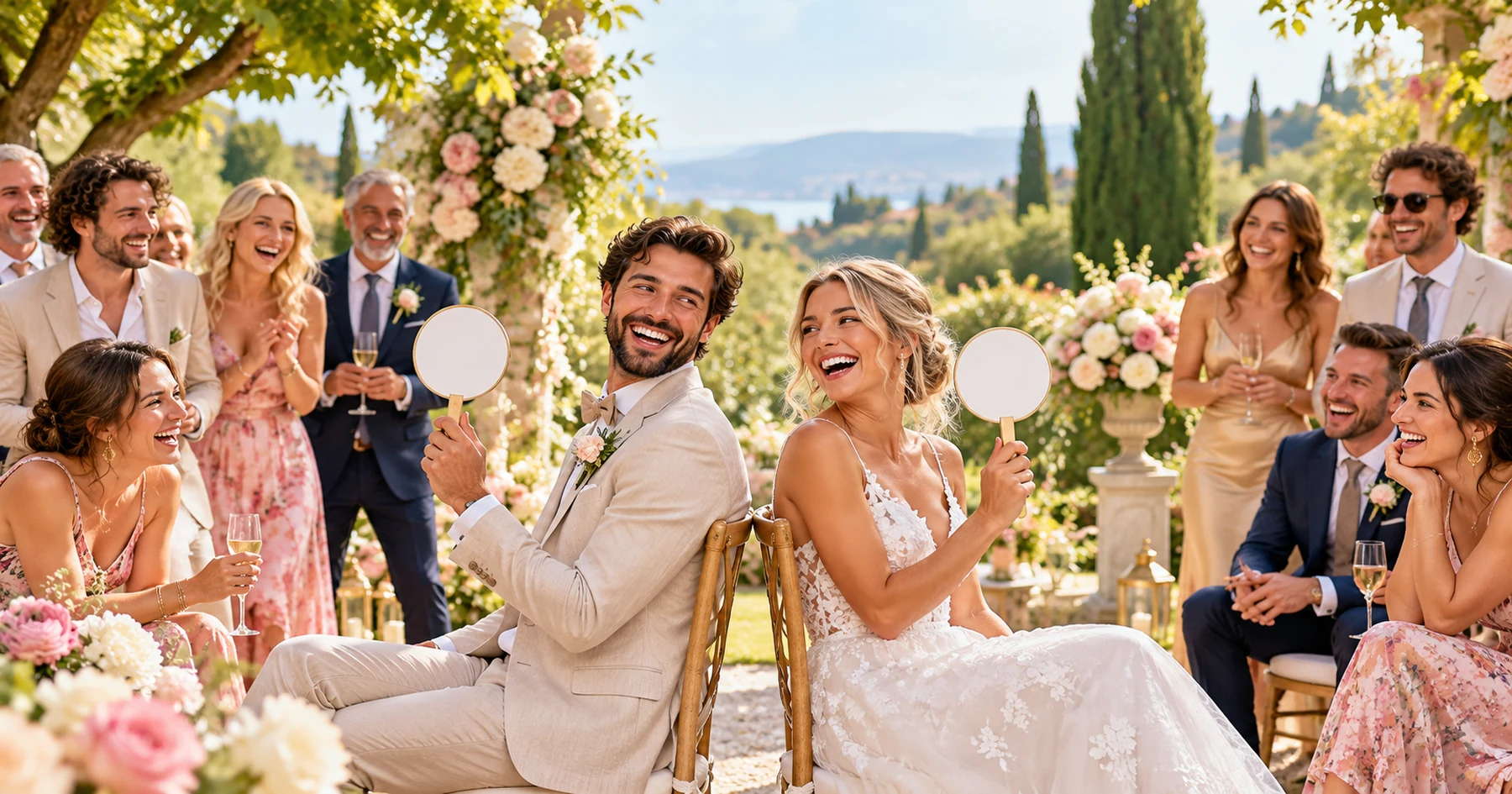 Un couple et ses invités rient ensemble pendant un jeu de mariage