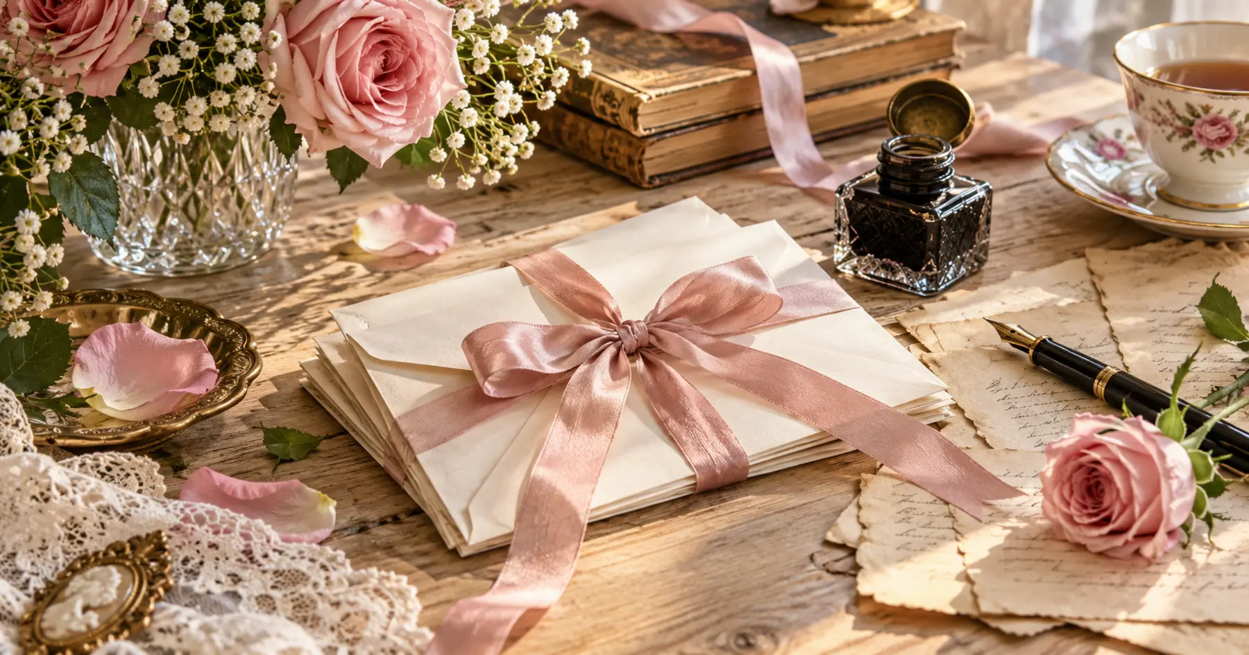 Lettres d’amour nouées d’un ruban dans un décor romantique