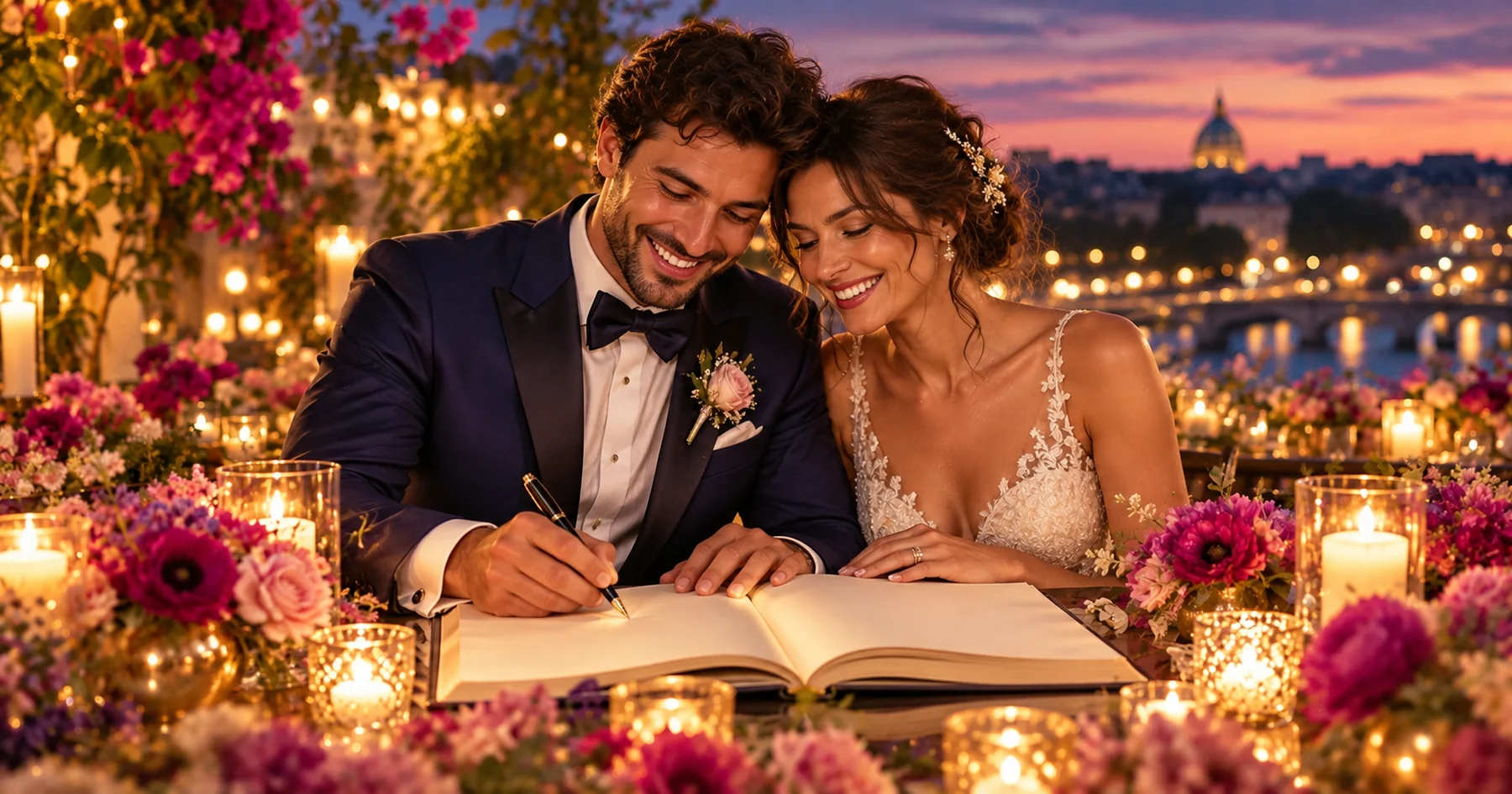 Un livre d’or de mariage ouvert, entouré de fleurs et de bougies