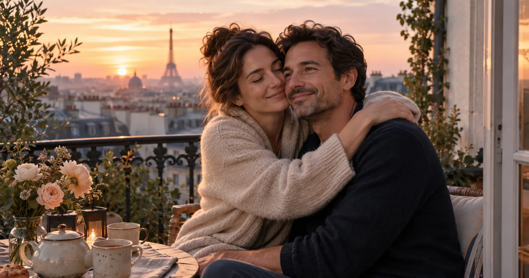 Un couple se serre tendrement sur un balcon parisien au lever du jour