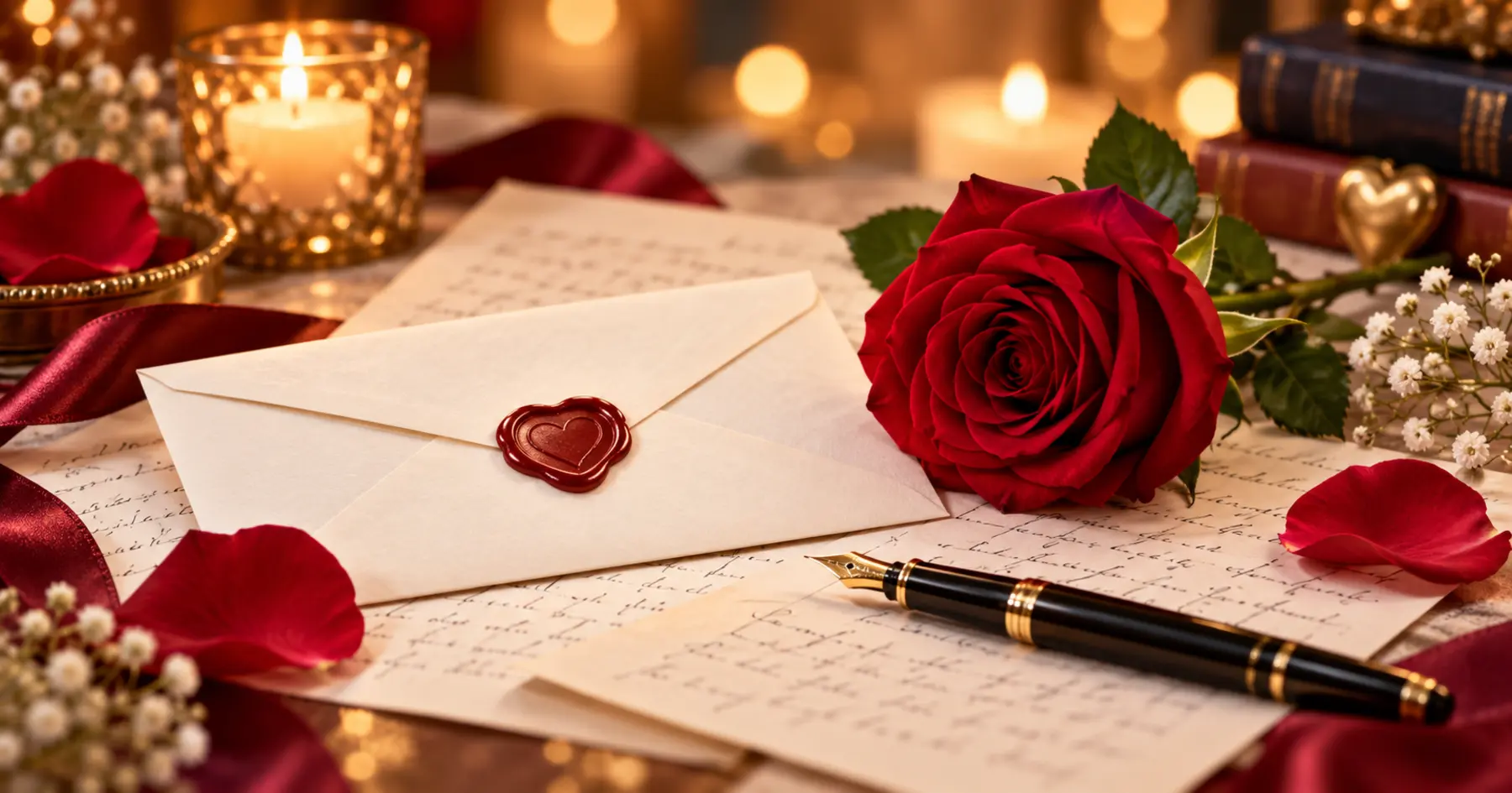 Rose rouge, enveloppe et lettres d’amour dans une lumière romantique