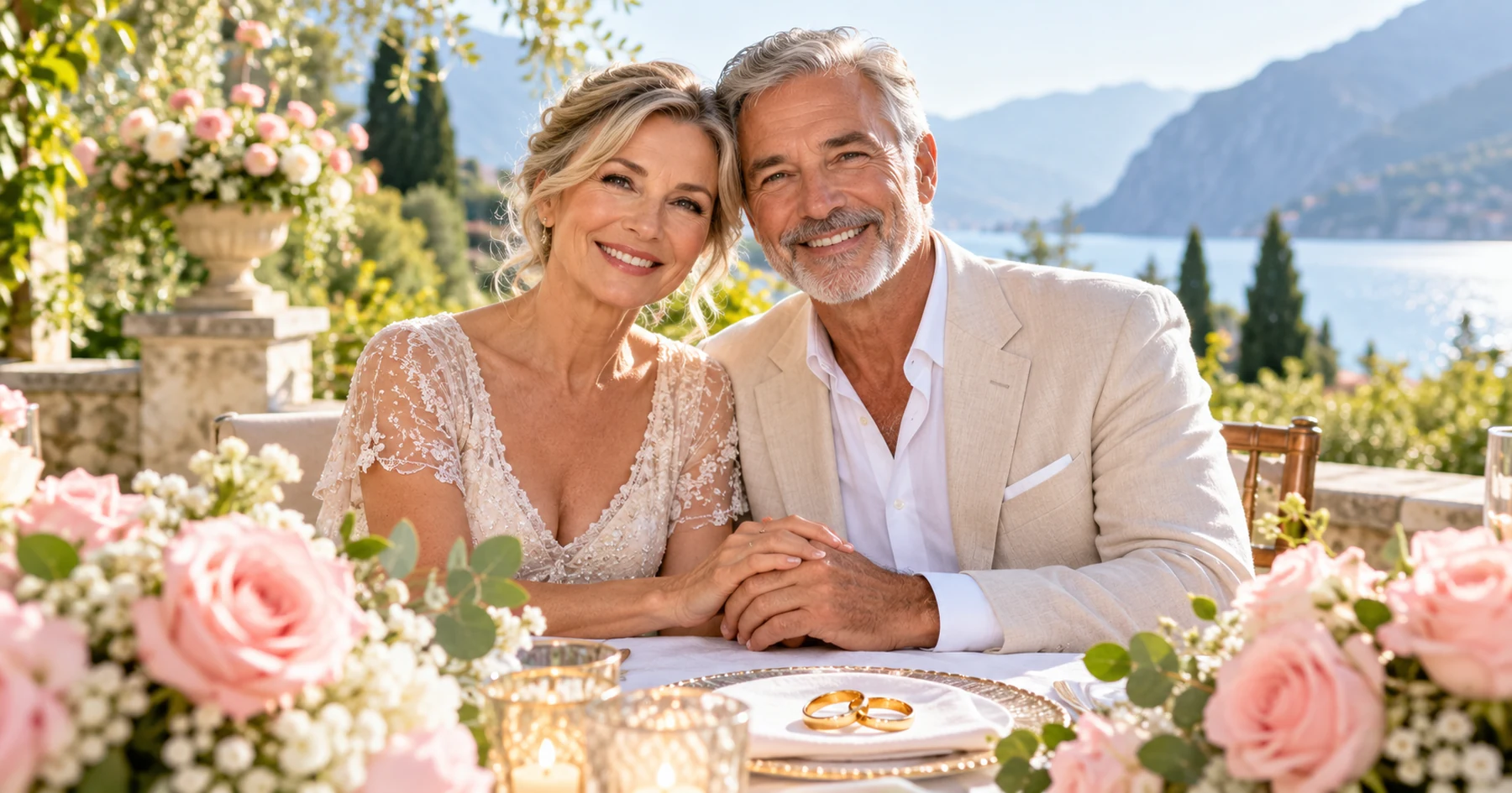 Un couple célèbre son anniversaire de mariage autour d’une table fleurie