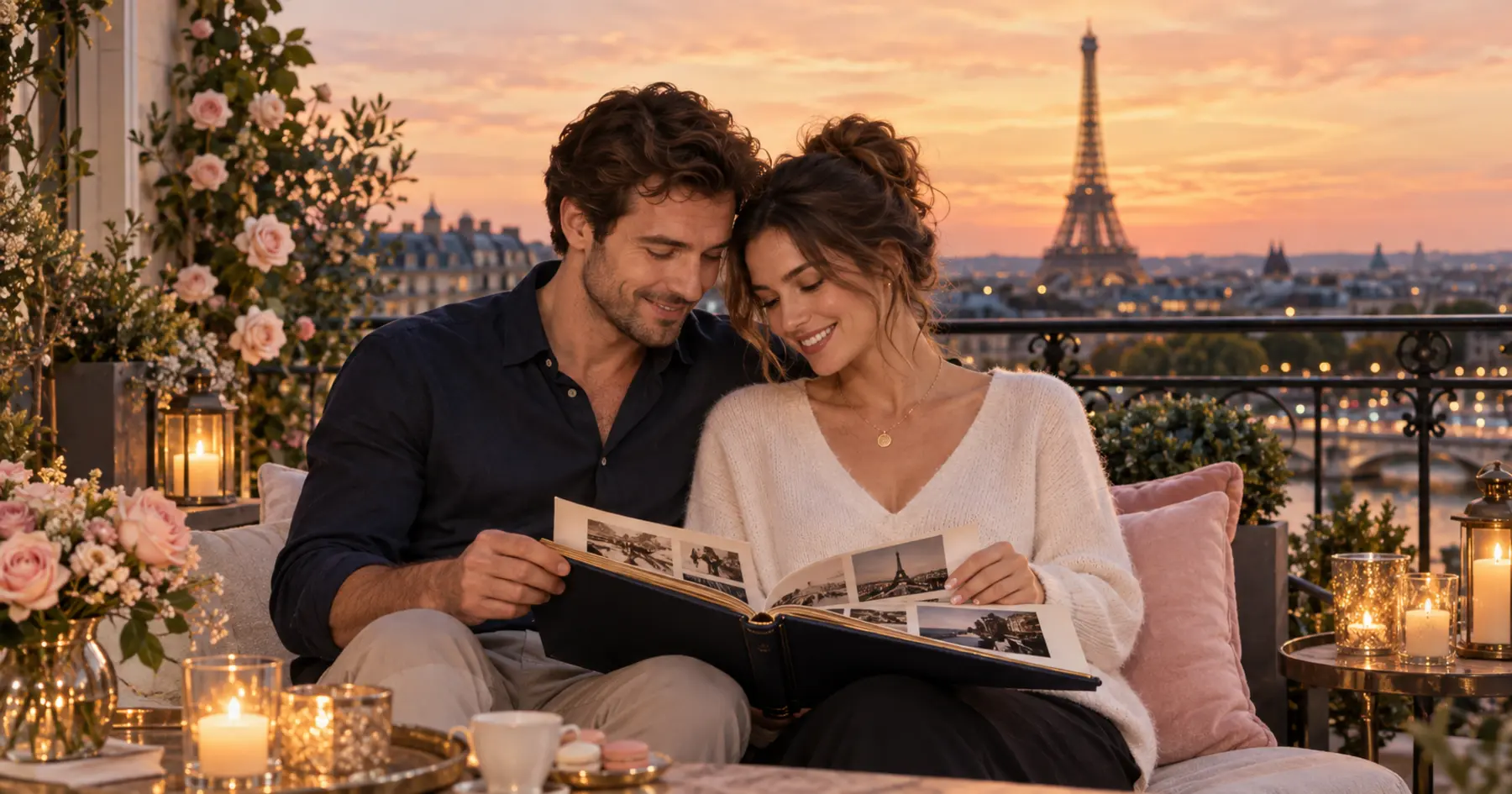 Un couple feuillette son album de souvenirs face à Paris