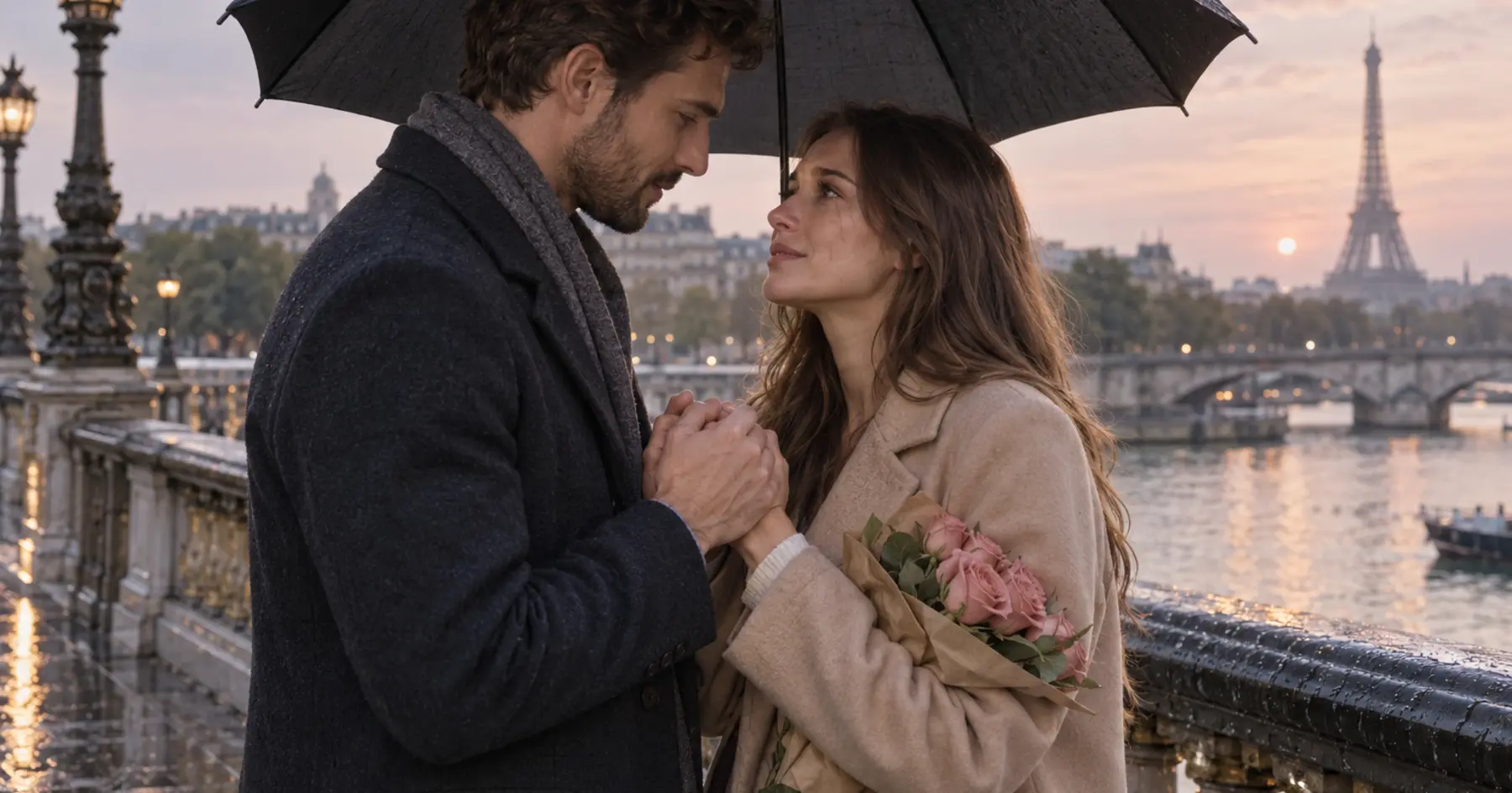 Un couple se rejoint sous un parapluie sur un pont parisien