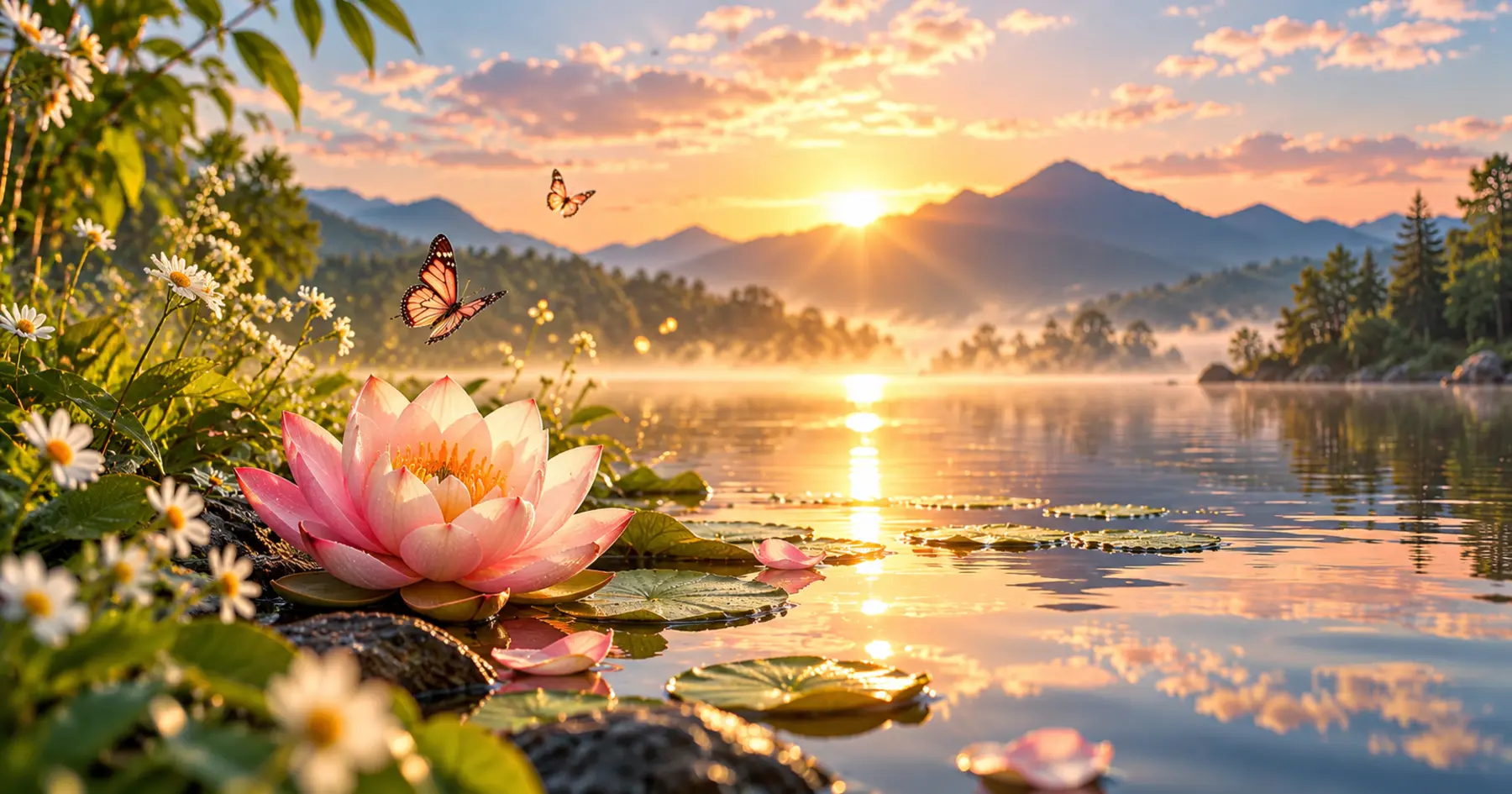 Lotus rose, papillons et fleurs devant un lever de soleil lumineux