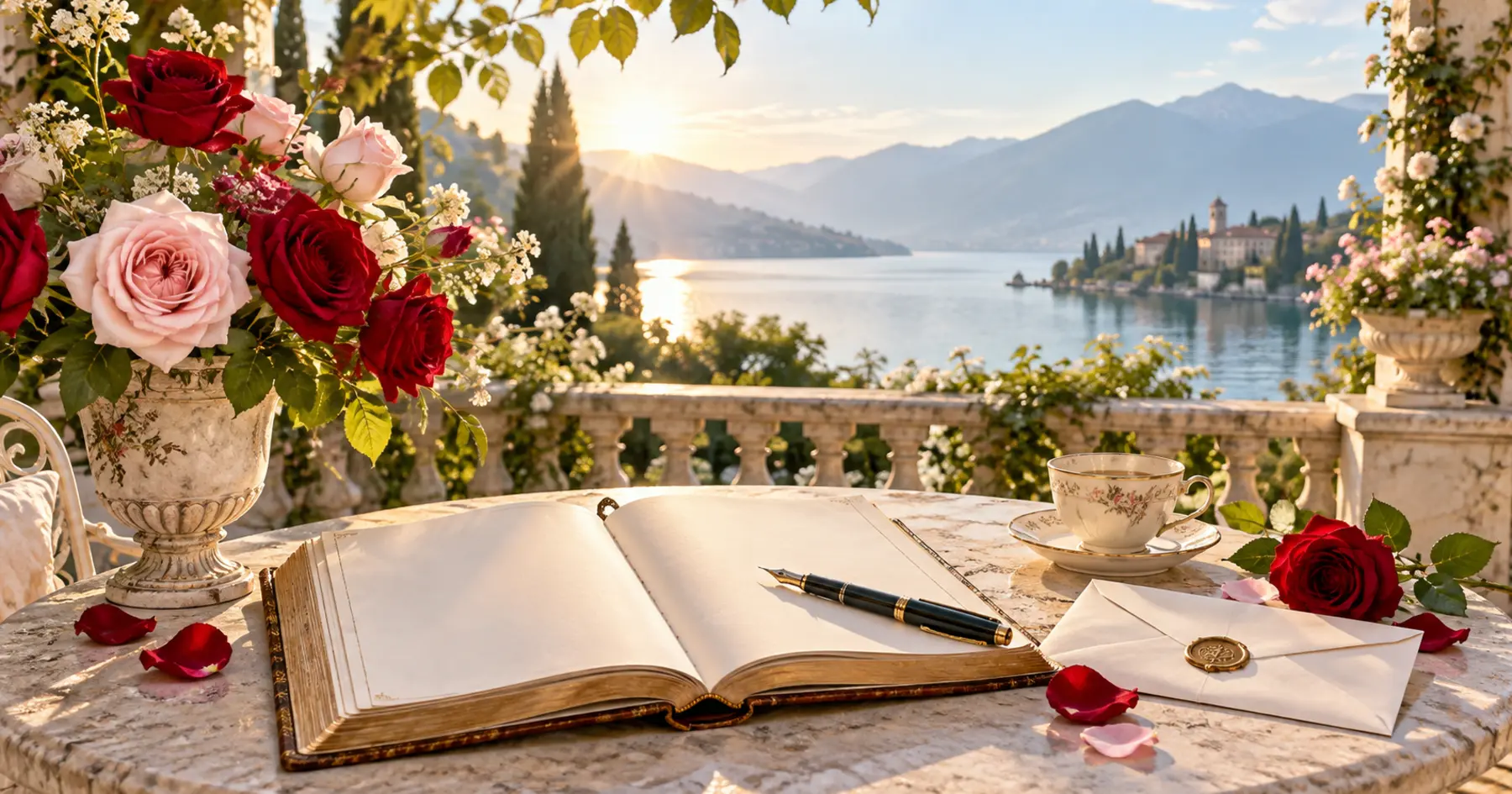 Livre de poésie, roses et lettre romantique sur une terrasse lumineuse au bord d’un lac
