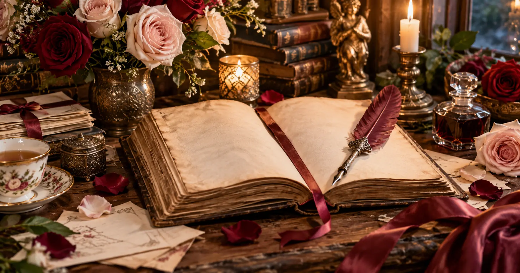 Poèmes et poésies, livre ouvert en forme de cœur et roses