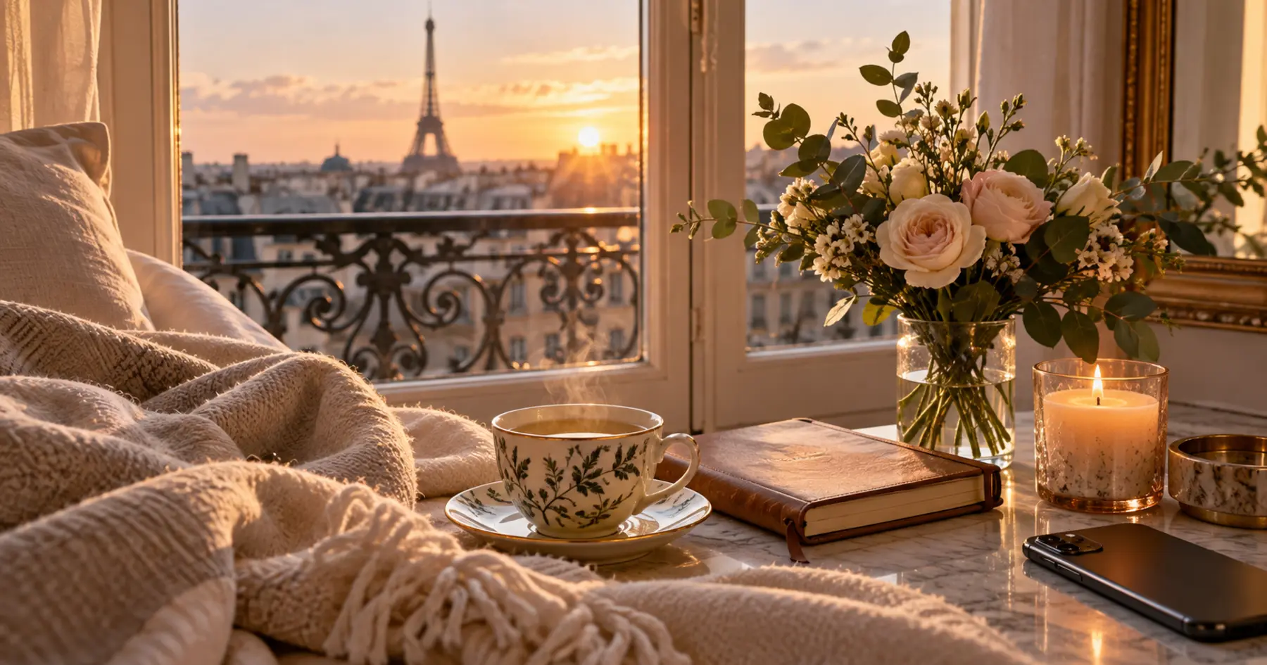 Une tasse, des fleurs, un carnet et un téléphone dans la lumière apaisante du matin