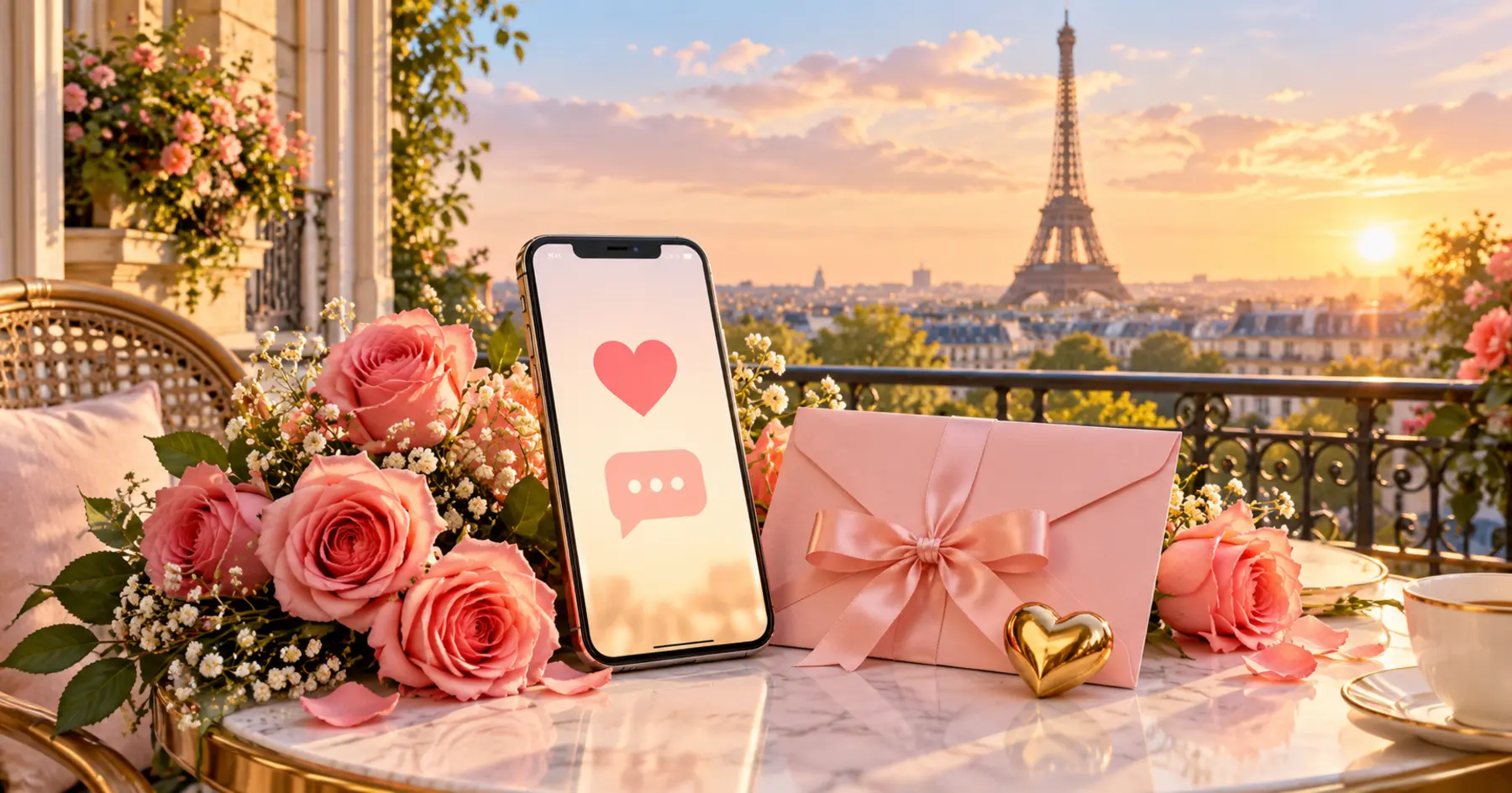 Téléphone, roses et enveloppe romantique devant la tour Eiffel
