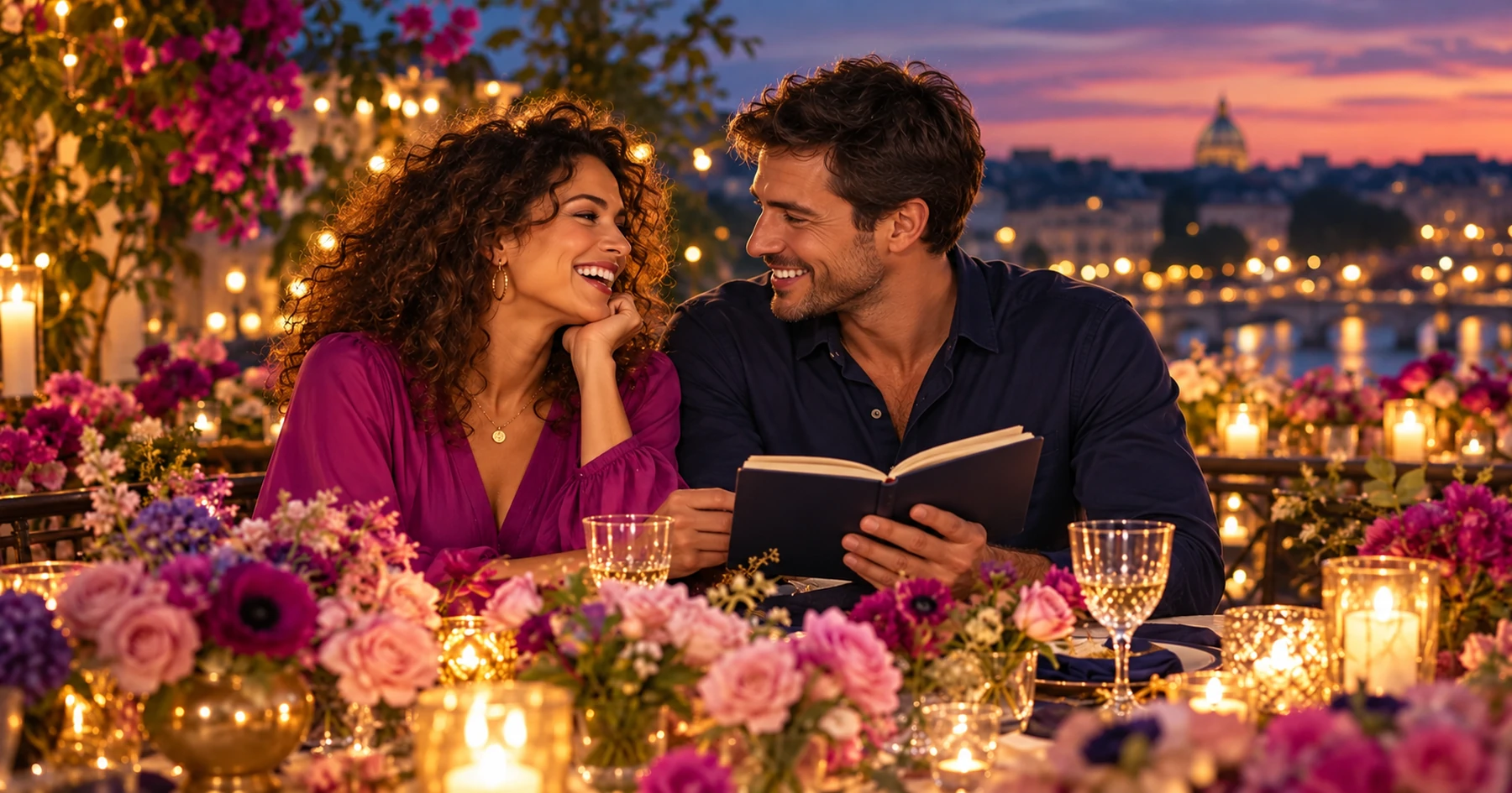 Un couple échange avec complicité autour d’un carnet, sur une terrasse fleurie au coucher du soleil