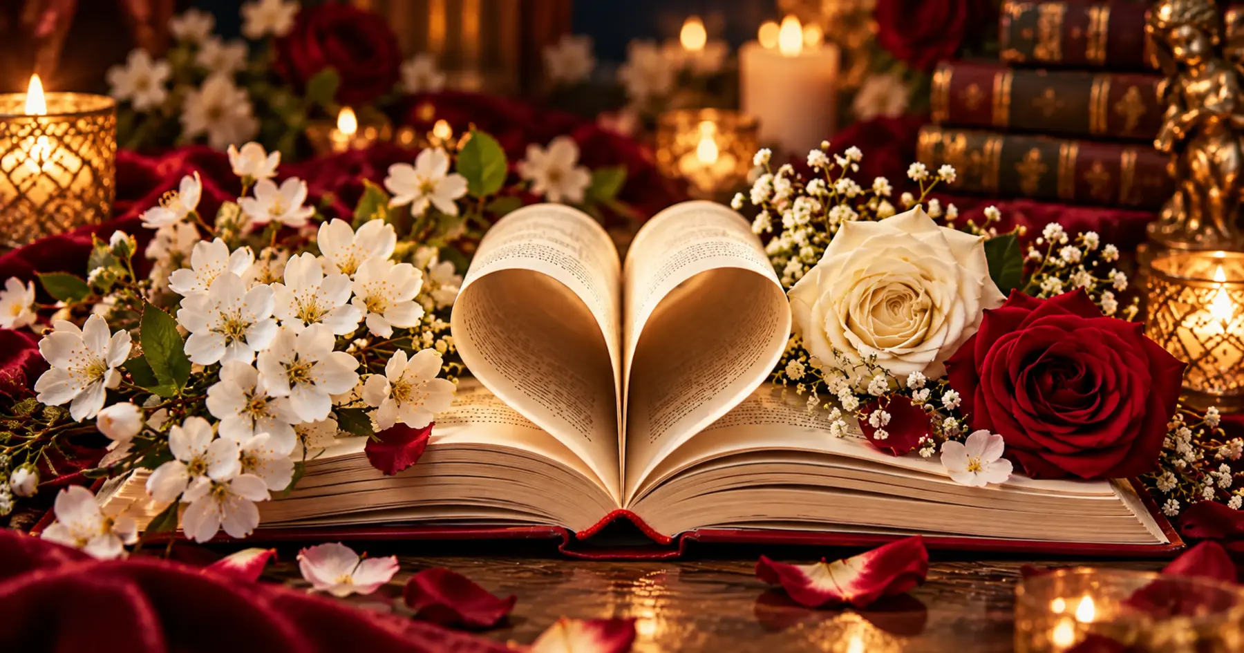 Livre-cœur, roses et fleurs blanches dans une ambiance romantique aux bougies