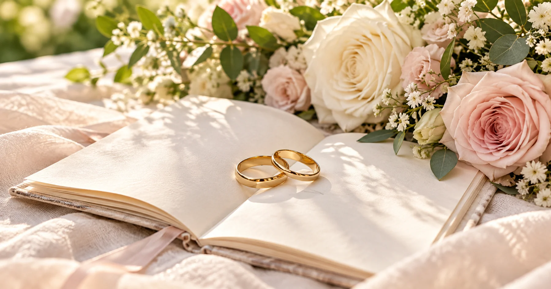 Alliances et carnet de vœux dans une lumière douce, avec un bouquet de mariage