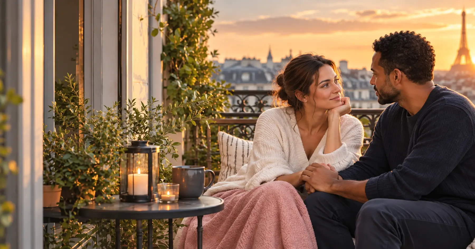 Deux êtres chers se parlent avec confiance sur un balcon parisien