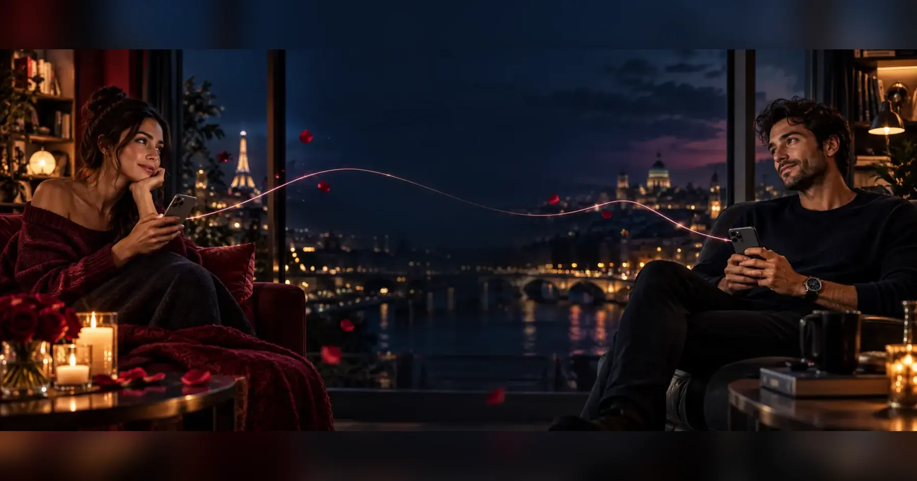 Deux amoureux éloignés reliés par une lumière