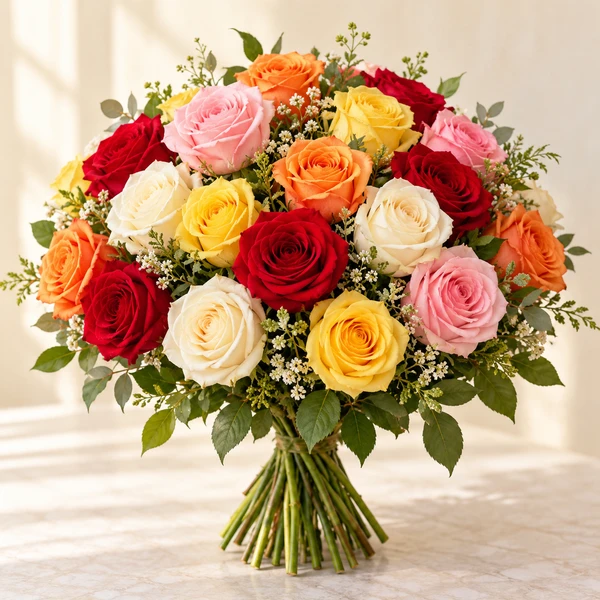 Bouquet de roses rouges, roses, ivoire, jaunes et orange