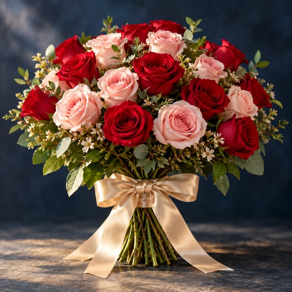 Bouquet de roses rouges et roses, ruban champagne