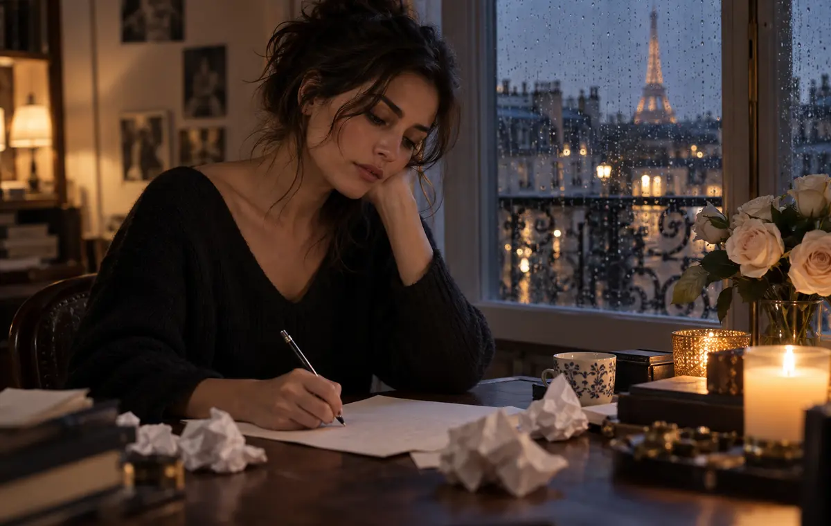 Une femme écrit une lettre d’excuse près d’une fenêtre pluvieuse