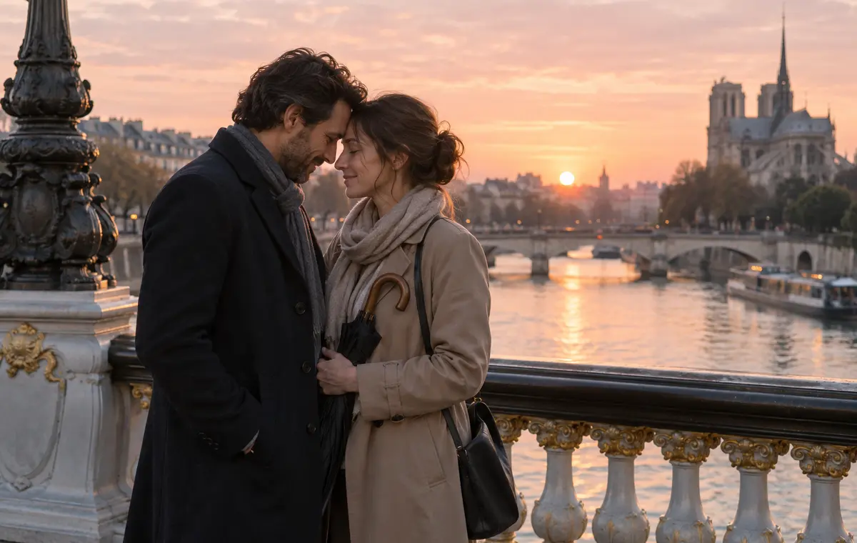Un couple pose son front l’un contre l’autre sur un pont parisien
