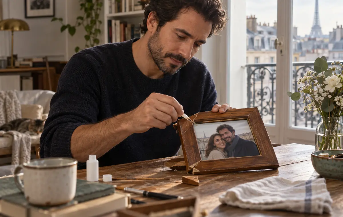 Un homme répare avec soin un cadre photo brisé