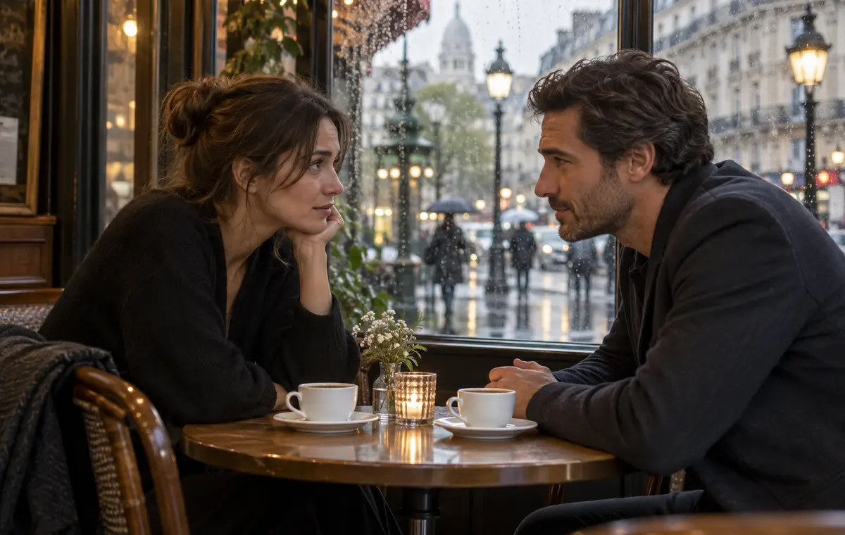 Un couple échange avec sincérité dans un café calme