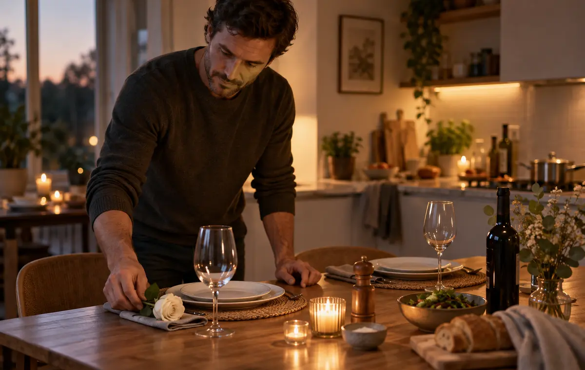 Un homme prépare un dîner simple avec une rose blanche
