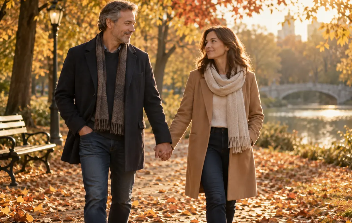 Un couple mûr marche lentement dans un parc en automne
