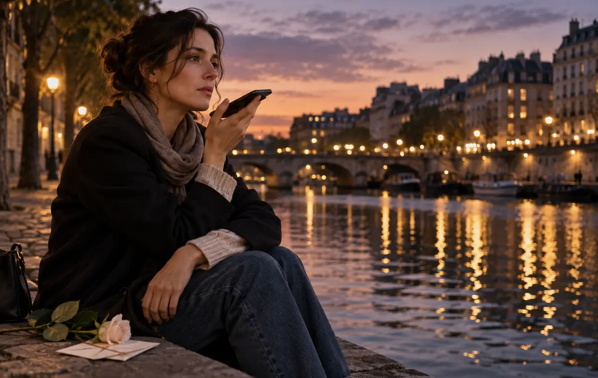 Une femme enregistre un message vocal au bord d’un canal