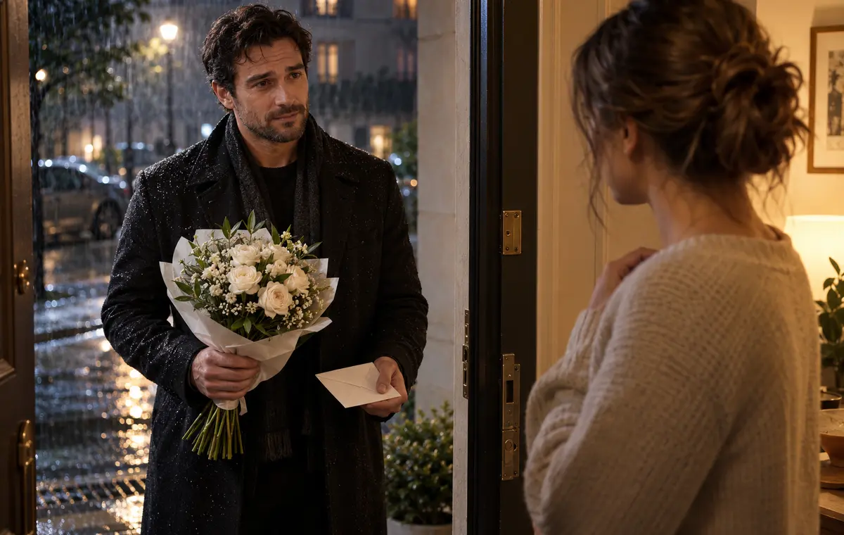 Un homme attend devant une porte avec des fleurs blanches